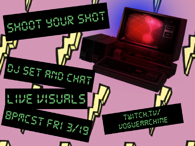 Half-vaxxed, but fully ready to party tonight! 😘 Twitch.tv/voguemachine 8pm CST

#music #electronicmusic #dj #djset #Livestream  #streaming #twitch #chillwave #synthpop #lofi #80smusic