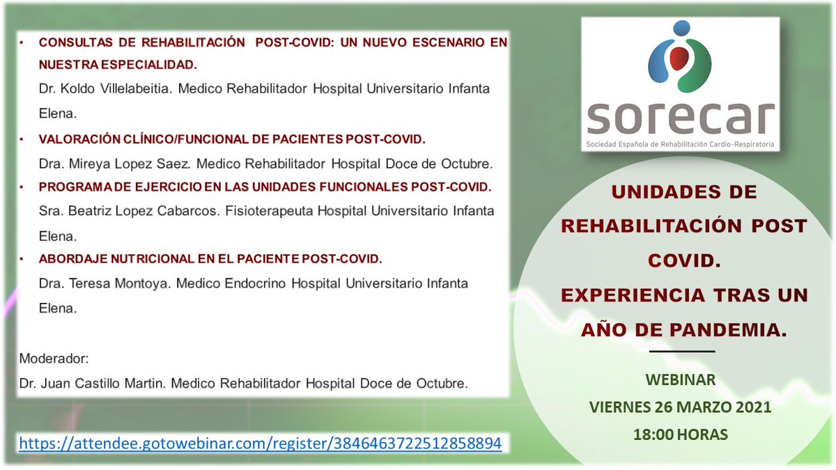 El próximo viernes 26 de marzo a las 18:00 horas desde <a href="/SORECAR_es/">SORECAR</a>
organizamos el webinar titulado "UNIDADES DE REHABILITACION POSTCOVID. EXPERIENCIA TRAS UN AÑO DE PANDEMIA" 🤓 Inscripción gratuita: attendee.gotowebinar.com/register/38464…