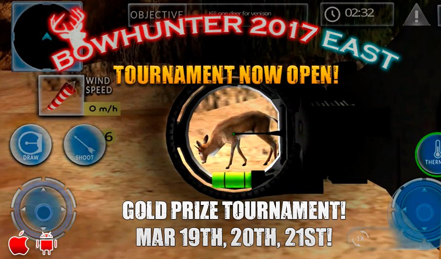 BowHunterGame's tweet photo. Bow Hunter 2017 East Gold Tournament, Friday March19th through Sunday March 21st! Player to win gold prizes! 
Bow Hunter 2017 East for iOS
https://t.co/nRvPmTE7bu

#free #Tournament #hunting #app #games #deerhunting #freetoplay #archerylife #bowfight  #Bowhunter2017 https://t.co/XpZbAcYIkk