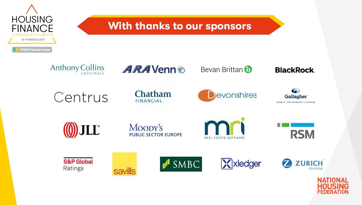 natfedevents's tweet photo. Thank you to #NHFFinance sponsors for your support and involvement this year @ACSLLP @ARA_Venn @BevanBrittanLLP @BlackRock_UK @_Centrus @ChathamFin @Devonshires @GallagherUK @JLLUK @MoodysCorp @MRIHousing @RSMUK @SPGlobalRatings @Savills SMBC @XledgerUK and @ZurichMunicipal https://t.co/XD0ZTAkgiU