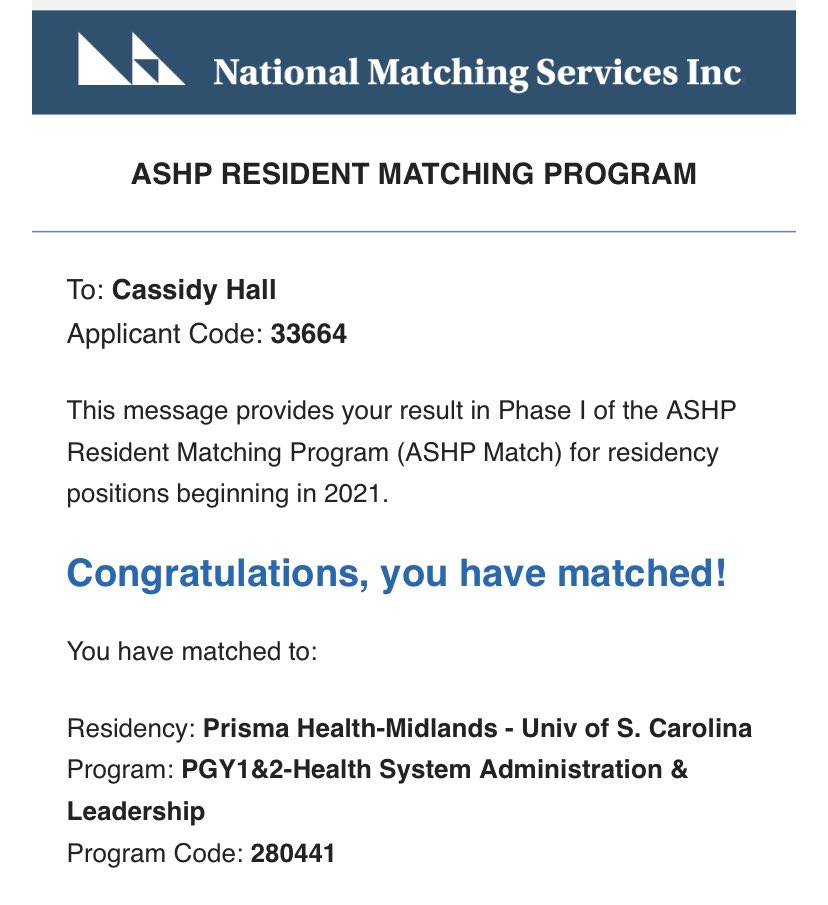 CassidyHKemp's tweet photo. I MATCHED! Been dreaming of this email for a long time 🌟 Excited and grateful to continue my training with @PHUofSCPharmRes! #UofSCCOPMatch2021 https://t.co/YFuiD6Qr5d