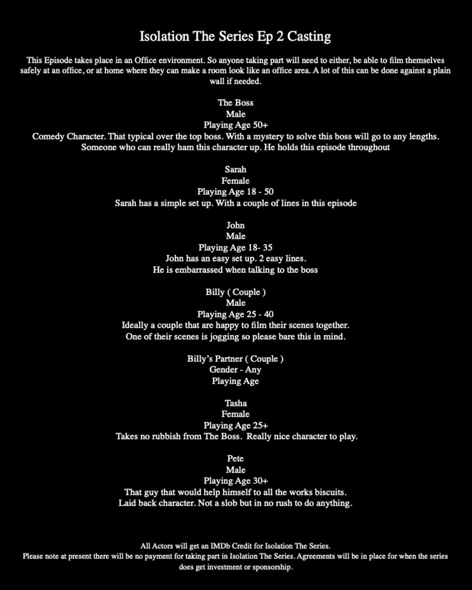 CASTING 

Here we go 

Casting for the second episode #IsolationTheSeries 

Attach your showreels below.
Or Headsets if you don't have one

Please read .... and share away 🤟🏼

Stay tuned we will be releasing the first episode very soon 

<a href="/LucyBeresford/">Lucy Beresford</a> <a href="/EmmeLentino/">Emme Lentino</a> <a href="/AntoSharp/">Anto Sharp</a>