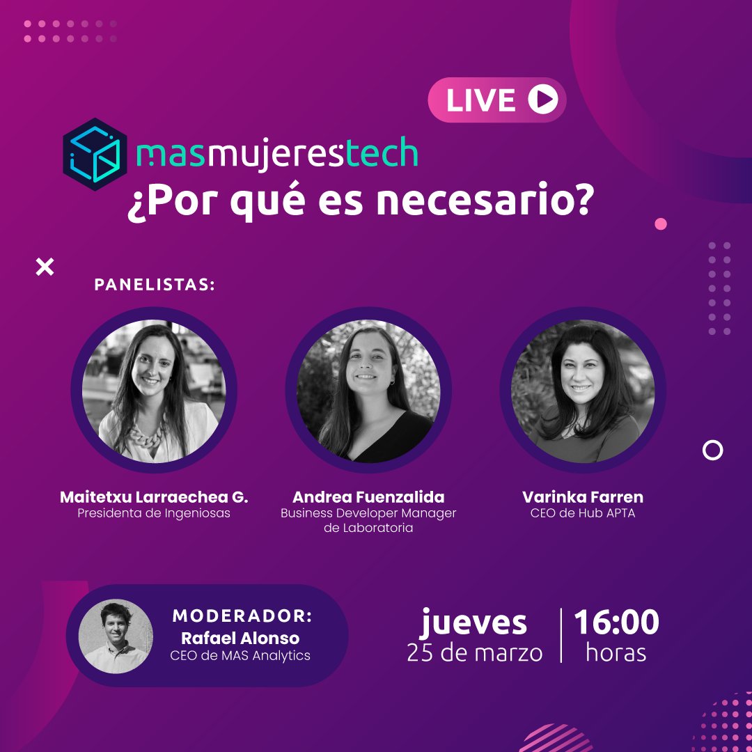 Hub APTA (@hub_apta) on Twitter photo ¿Por qué es es necesario sumar ➕ talento femenino a la industria Tech? @TechuLarraechea <a href="/Ingeniosas_cl/">Fundación Ingeniosas</a>; #AndreaFuenzalida <a href="/Laboratoriala/">Laboratoria</a> y <a href="/varinkaf/">Varinka Farren</a> <a href="/Hub_APTA/">Hub APTA</a> abordarán esta temática el próximo #25demarzo, en conversatorio <a href="/MASAnalytics/">MAS Analytics</a>
Inscríbete👉🏼bit.ly/3lpjZay ¿Por qué es es necesario sumar ➕ talento femenino a la industria Tech? @TechuLarraechea <a href="/Ingeniosas_cl/">Fundación Ingeniosas</a>; #AndreaFuenzalida <a href="/Laboratoriala/">Laboratoria</a> y <a href="/varinkaf/">Varinka Farren</a> <a href="/Hub_APTA/">Hub APTA</a> abordarán esta temática el próximo #25demarzo, en conversatorio <a href="/MASAnalytics/">MAS Analytics</a>
Inscríbete👉🏼bit.ly/3lpjZay