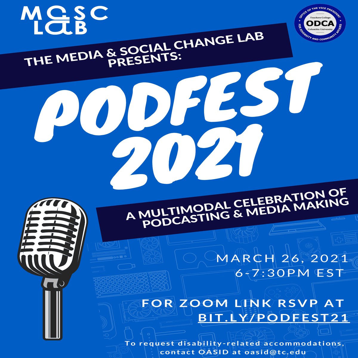 MASCLab's tweet photo. Join us for MASCLab's annual Podfest event! A multimodal celebration of #podcasting and #mediamaking.
Friday March 26, 2021 at 6pm EST
RSVP at https://t.co/dp0l51calU https://t.co/83xEMbbjHF