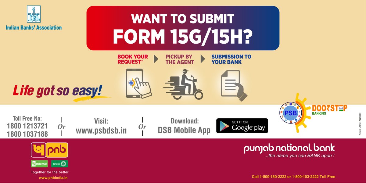pnbindia's tweet image. Summer time is for staying indoors! Be cool and arrange for your Form 15G/15H pick-up from home.😎
 
Download #DSBapp to avail the service. To know more, visit: psbdsb.in

#doorstepbanking
