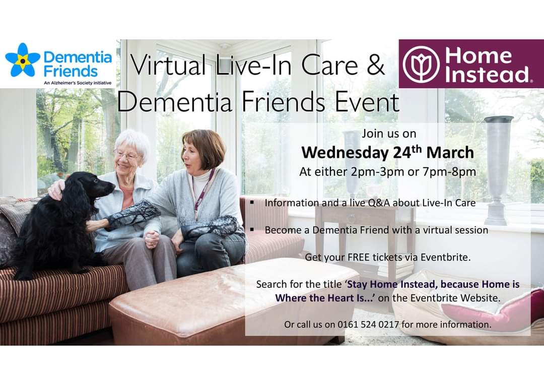 careintameside's tweet photo. Join us on Wednesday 24th March for a Virtual Live-In Care and Dementia Friends Event

Become a Dementia Friend and find out about Live-In Care.

Join us at either 2pm – 3pm, or 7pm – 8pm using the links below.

2pm- 3pm https://t.co/m7rF8v1Sw5

7pm-8pm https://t.co/5j8qnXpMFB https://t.co/3BkyL0vdhU