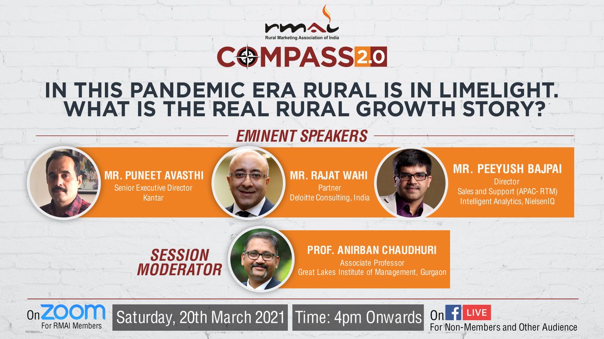 rmai_tweet's tweet photo. #RMAICompass2.0: Don't forget to register for the upcoming webinar tomorrow
#SessionModerator: Prof. @anirban_remarks, @GreatLakesGgn
#EminentSpeakers:
- Puneet Avasthi, @Kantar
- @rwahi_Deloitte, @DeloitteIndia
- Mr. Peeyush Bajpai, @NielsenIQ
#ruralmarketing @Deloitte https://t.co/lG49vawurW