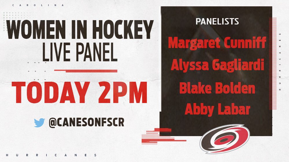 I am so excited for this! Come join us on <a href="/CanesOnFSCR/">Bally Sports Canes</a> this afternoon for an incredible panel with three trailblazers for women in hockey! <a href="/SportBlake/">Blake Bolden</a> <a href="/mmcunniff/">Margaret Cunniff</a> <a href="/AGagliardi92/">Alyssa (Gagliardi) Sleasman</a> 

It will be a LIVE Q&amp;A so feel free to start sharing questions in my comments below ⬇️ #LetsGoCanes