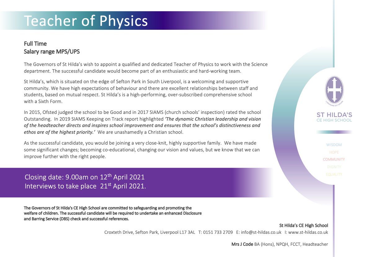 Looking for a Physics job? We have a vacancy for a Teacher of Physics - must be willing or able to teach Physics up to A-Level. I may be biased but the school is amazing! Good location in Liverpool (end of M62). Visit the school website for more info on how to apply. Pls share!