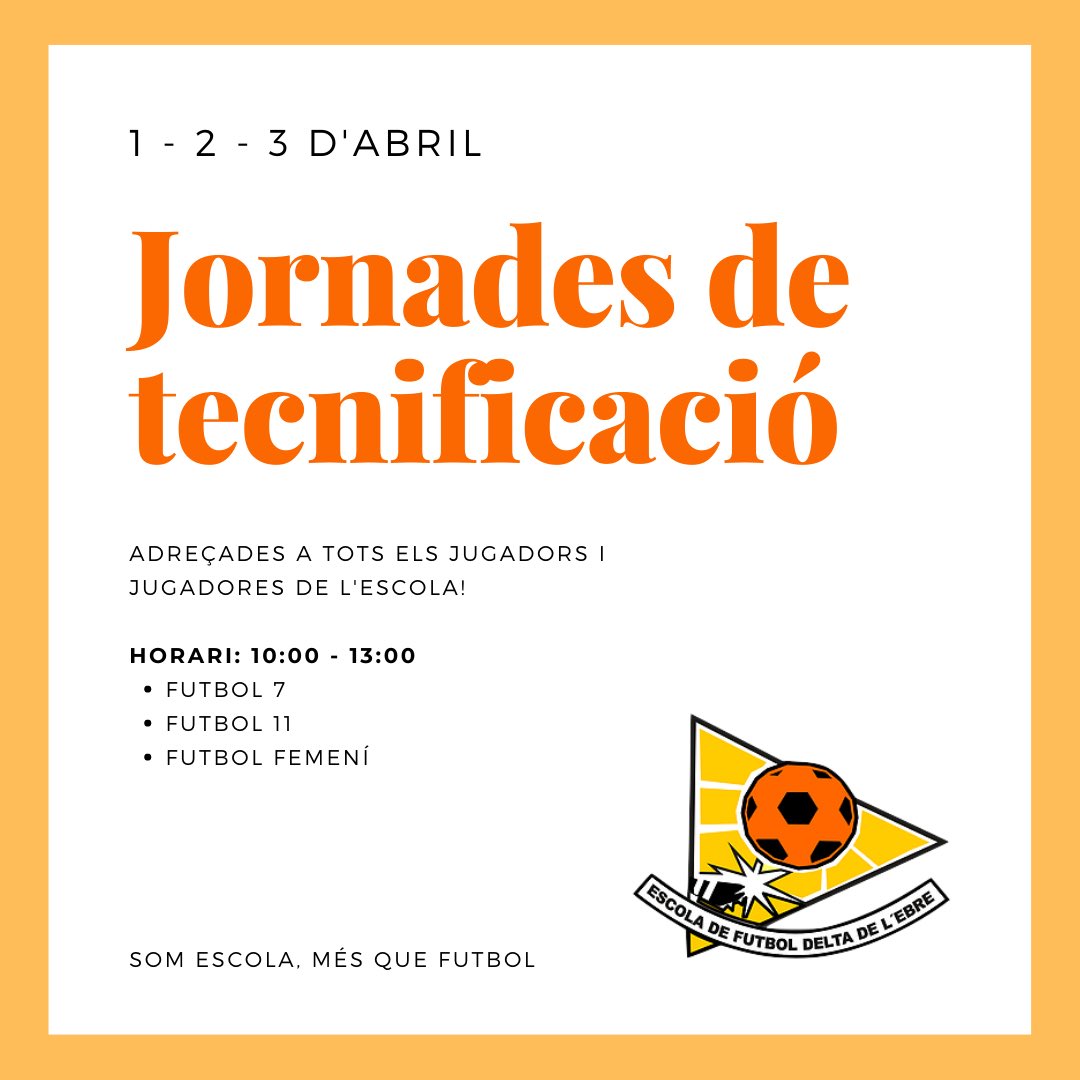 EFDelta's tweet image. ⚽️ Jornades de tecnificació per a tots els jugadors i jugadores de l’Escola!

🗓 1, 2 i 3 d’abril

😉 Us esperem!

#EscolaDelta #FormacióAmbValors #Educació #Valors #futbolbase #jornadestecnificació
