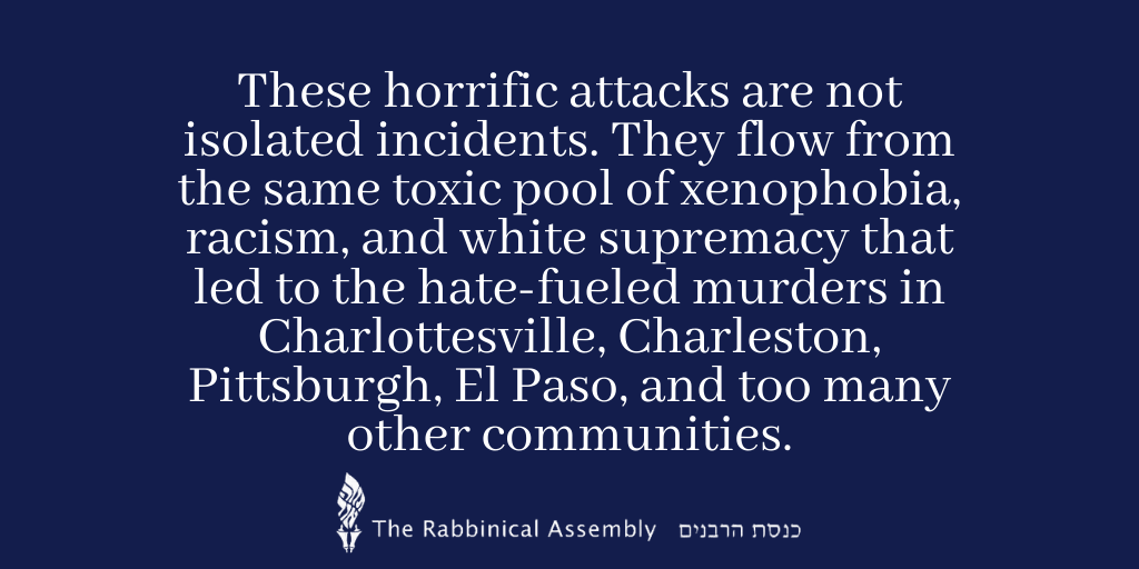 RabbiAssembly's tweet photo. May the memories of those who were killed this week in #Atlanta be a blessing, as we work together to end racism, hate, and violence. Read our full statement: https://t.co/emXnPOU2RQ https://t.co/7LNB2RkQDl