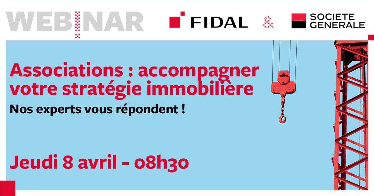 [#WEBINAR] 💻 #Associations &amp; #Immobilier 🚧

Nos experts Fidal Val de Loire Océan aux côtés des experts de la Société Générale répondent aux questions que vous vous posez sur vos projets immobiliers : le jeudi 8 avril à 8h30.

Inscription et détails : bit.ly/38SU5qD