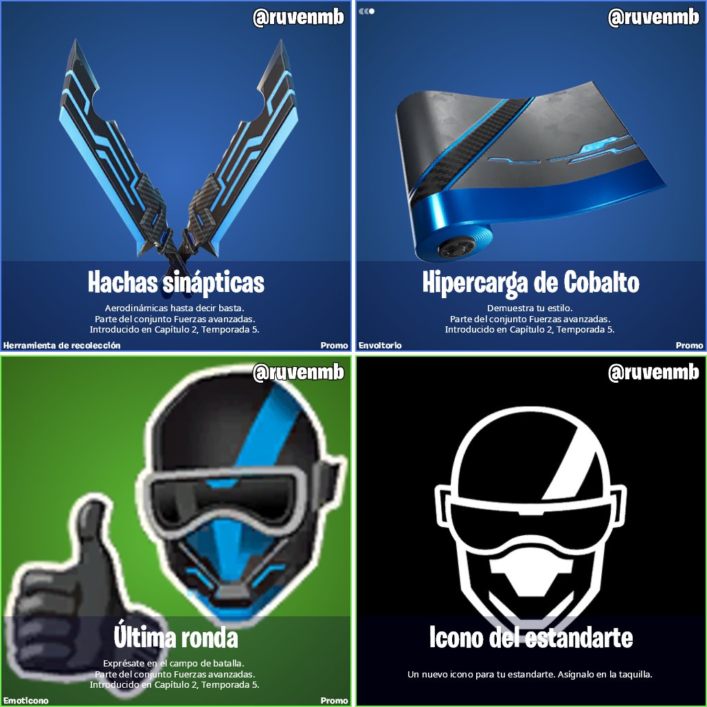 Este es el contenido del Pack de Celebración de PlayStation Plus de marzo  2021 (Fortnite Capítulo 2 - Temporada 6). ⛏️Herramienta de recolección  Hachas Sinápticas 🎁Envoltorio Hipercarga de Cobalto 😀Emoticono Última  Ronda, image size:1029x1029