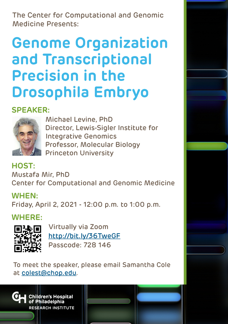 Please join us on Friday, April 2nd at noon for a seminar from Dr. Michael Levine.                                           
Please click this Zoom URL to join: us02web.zoom.us/j/85905811027?…
Passcode: 728146