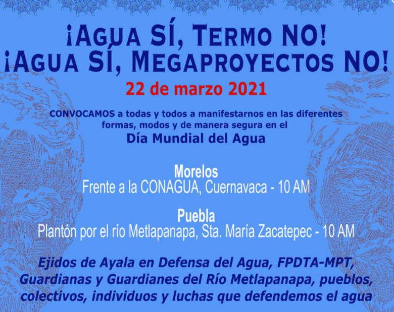 PBIcanada's tweet photo. The @PBI_Mexico accompanied @fpdtampt will be mobilizing on #WorldWaterDay2021 in defence of the Cuautla and Metlapanapa rivers. Both rivers are threatened by unwanted megaprojects. For more context on this, please see https://t.co/yqxi0TcKb4 #right2water #HRTWS #PBIaccompanies https://t.co/mDmnXHkIsL