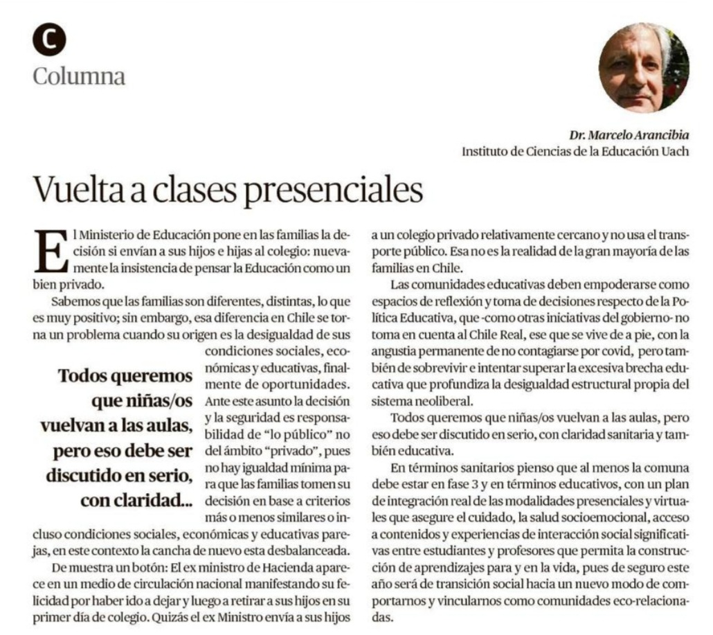 [Opinión <a href="/austral_losrios/">Diario Austral</a>]
Vuelta a clases presenciales, columna escrita por el Dr. Marcelo Arancibia, académico <a href="/HumanidadesUACh/">Facultad de Filosofía y Humanidades UACh</a> #Valdiviacl