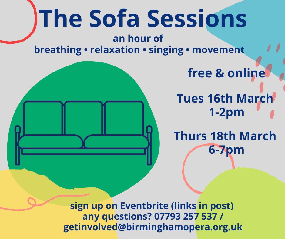 Birmingham Opera Company recently started running free, weekly online workshops called The Sofa Sessions. 
Each session is a mixture of breathing, relaxation, singing &amp; movement. 

Anyone who’s interested can book free on Eventbrite: eventbrite.co.uk/o/birmingham-o…