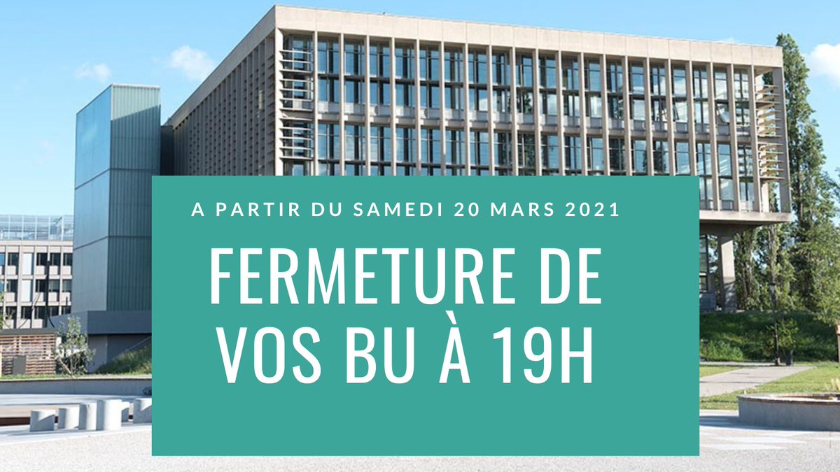 ‼️ Changement d'horaires ‼️
Suite au report du couvre-feu, vos bibliothèques sont désormais ouvertes jusqu'à 19h dès demain.
Désormais, la BU Sciences de la Doua, la BU Santé Rockefeller et la BU Lyon Sud vous accueillent donc 7/7 de 7h à 19h.