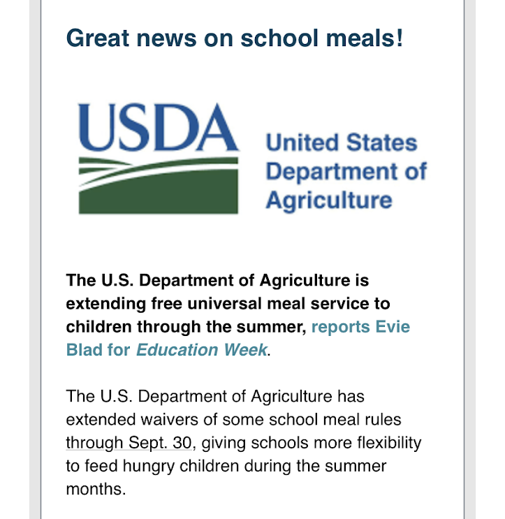 Big news - school meals will be available this summer! Great that the Department of Agriculture is extending universal meals through the summer - no child should go hungry in America!