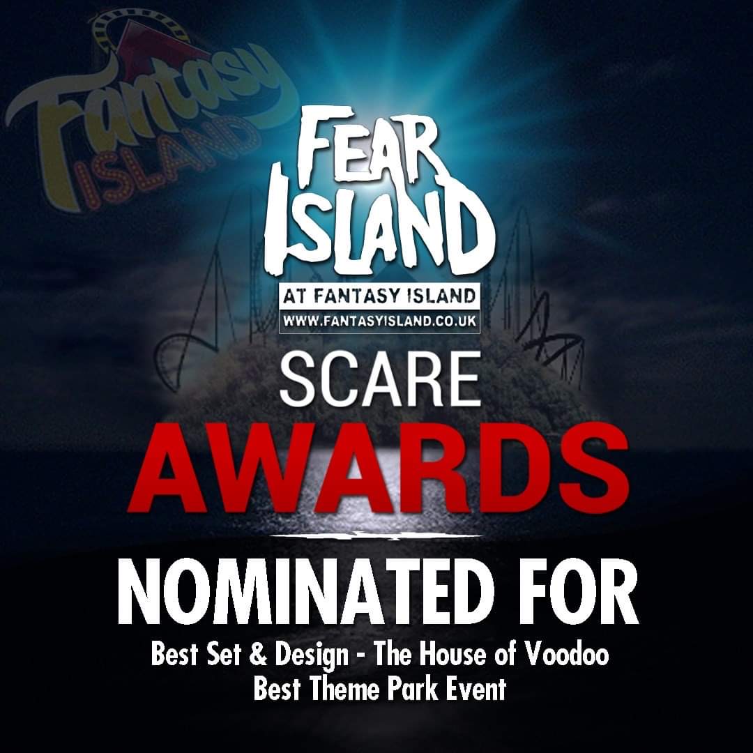 We are absolutely thrilled to be in the running for 2 fantastic awards at this years ScareCOn Scare Awards. 

FEAR ISLAND has been nominated for: 

Best set and design - The house of Voodoo 

Best Theme Park event 

Keep your fingers crossed for us 👻 
🏆 #fearisland #halloween