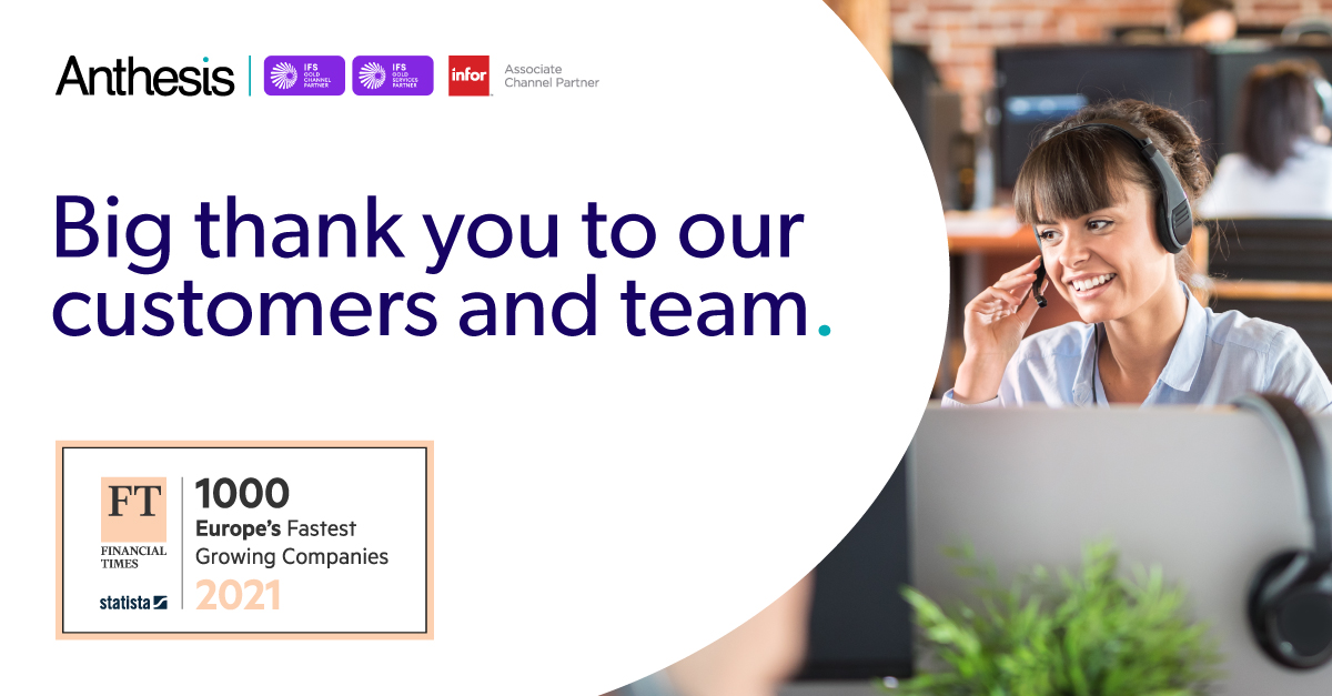 anthesis_erp's tweet photo. We are delighted to have been recognised in the FT1000, the Financial Times latest annual ranking of Europe’s fastest growing companies. Thankyou to all our fantastic customers and to our brilliant team who constantly deliver real value to them. #infor #ifs #ft1000 #erp #ifscloud https://t.co/eLmHF7ERx6