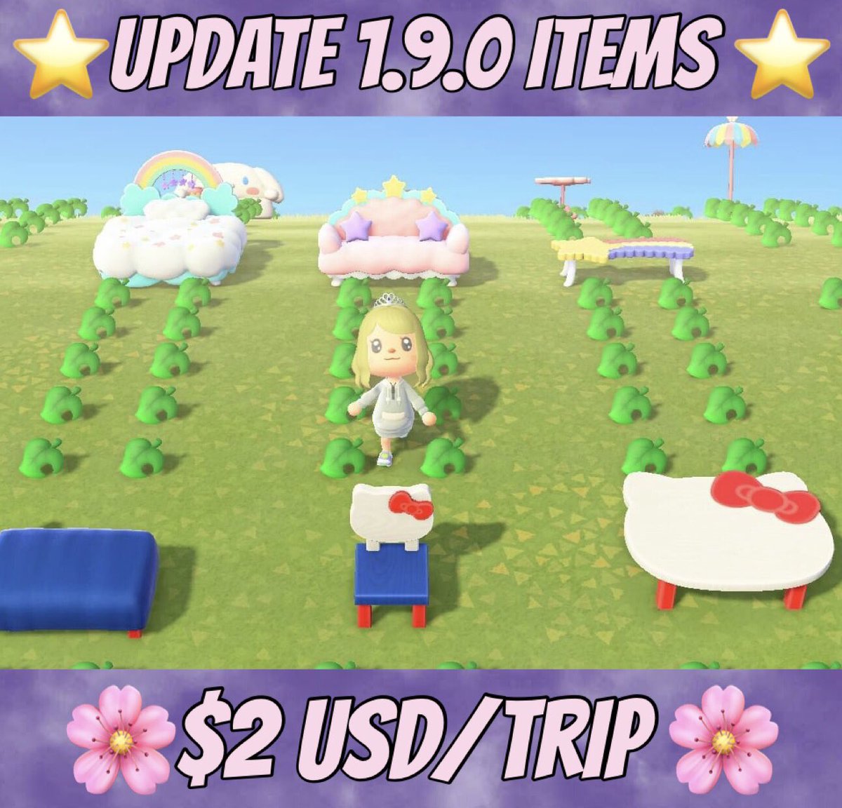 AcnhAlaina's tweet photo. ⭐️ New 1.9.0 Update Items! ⭐️

🤍 Sanrio Items + more! 🤍

Only $2USD/Trip! Venmo, PayPal or cashapp! 

 #acnh #dodocode #newhorizons #animalcrossing #acnhsale #nintendoswitch #acnhbells #animalcrossingnewhorizons #treasureisland https://t.co/Orfn0UiKO2