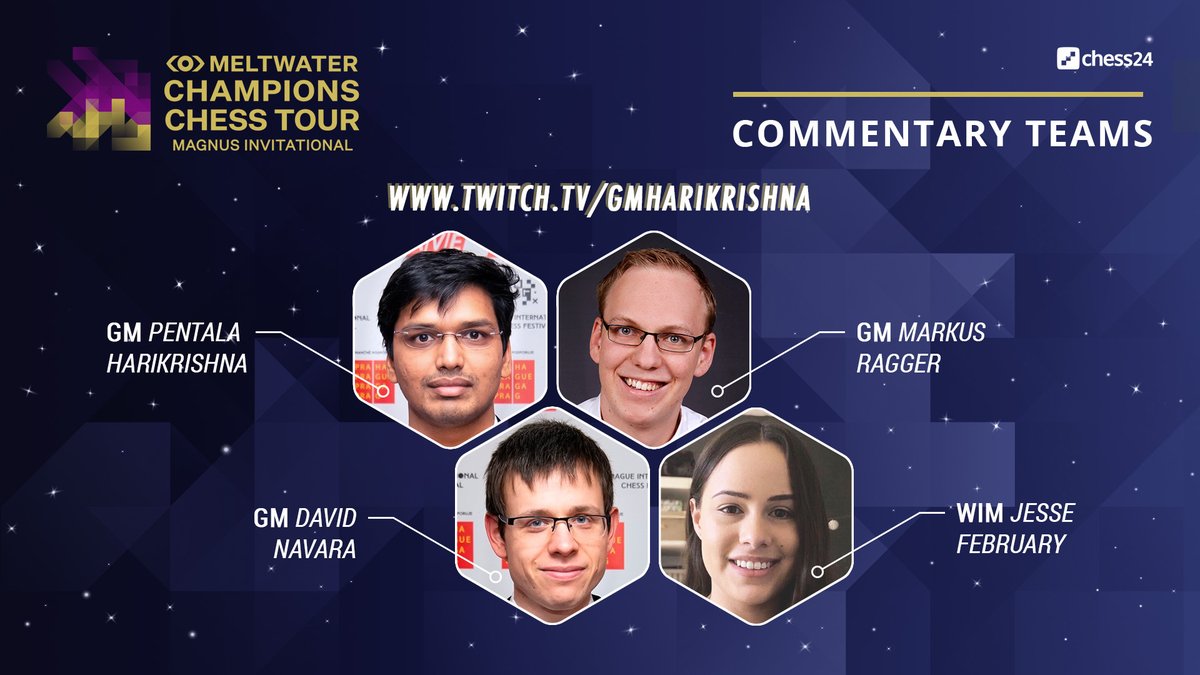 Markus Ragger (@markusragger) on Twitter photo Happy to join <a href="/HariChess/">Harikrishna</a>, <a href="/jesse_feb/">Jesse February</a> and David Navara today for the coverage of the semifinals of #MagnusInvitational on
twitch.tv/gmharikrishna. Hoping for a comeback of Carlsen and So to see tiebreaks. Looking forward to exciting #chess. #ChessInSpace #ChessChamps Happy to join <a href="/HariChess/">Harikrishna</a>, <a href="/jesse_feb/">Jesse February</a> and David Navara today for the coverage of the semifinals of #MagnusInvitational on
twitch.tv/gmharikrishna. Hoping for a comeback of Carlsen and So to see tiebreaks. Looking forward to exciting #chess. #ChessInSpace #ChessChamps