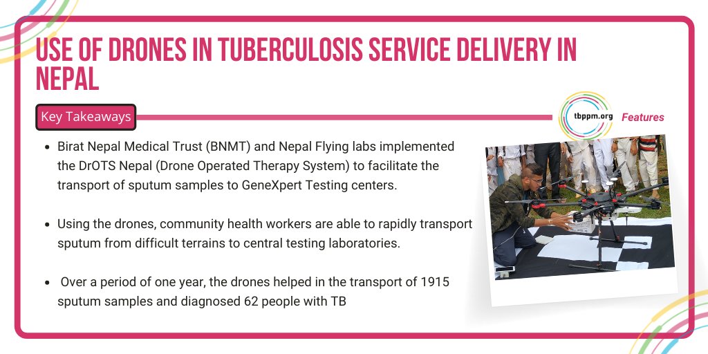 This week on #TBPPMFeatures you can read about Project #DrOTS that is transforming #TB diagnostics in the difficult terrains of rural #Nepal. 

Link 👉tbppm.org/page/drones-fo…

#EndTB @BiratNepal @nepalflyinglabs @stonybrooku @WeRobotics @LSHTM_TB @_KritikaDixit