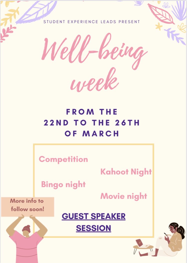 AliseLead's tweet photo. Happy to finally announce a well-being week that we’re organising! Lots of different events coming! We’re starting off with a Cuppa&amp;Chat night on Monday at 6pm! More info to follow! https://t.co/k0GhKxGMdt