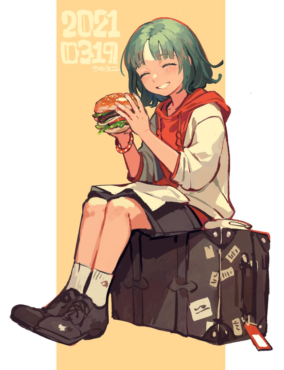 solo food suitcase closed eyes burger 1girl smile  illustration images