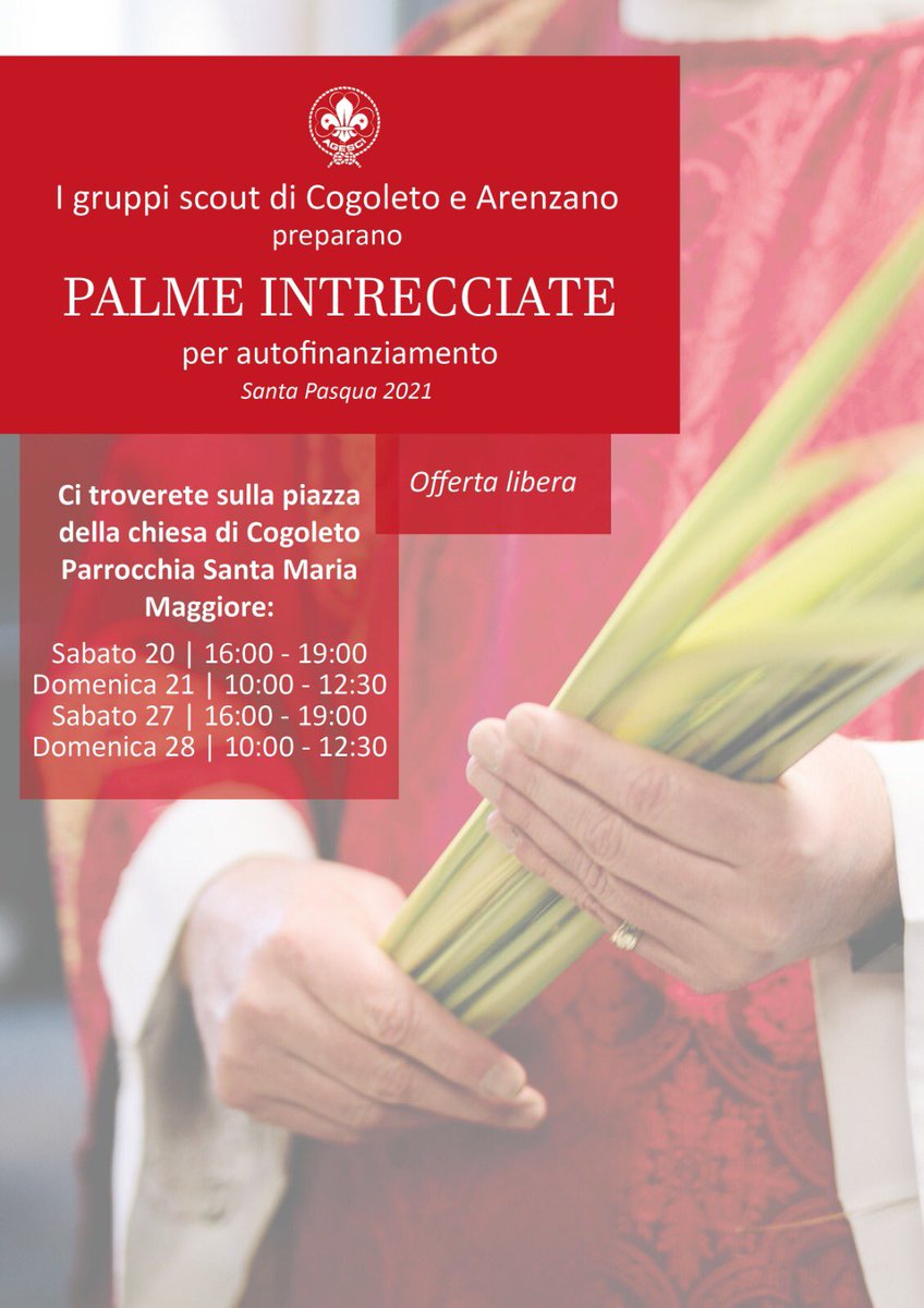 cogoleto1's tweet photo. Anche quest’anno il Gruppo Scout preparerà le tradizionali #palme #intrecciate in vista della #DomenicaDellePalme 

Ci trovate in piazza della chiesa di Cogoleto, offerta libera!
#autofinanziamento #scout #cogoleto https://t.co/FEjtRbP34O