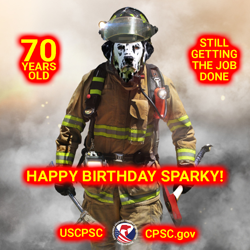 A Dalmatian dressed as a firefighter. The text reads: Happy birthday, Sparky! 70 years old. Still getting the job done. 