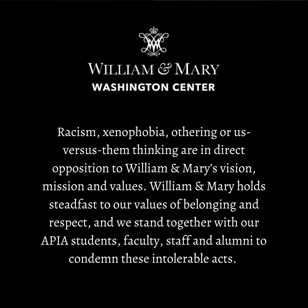 William & Mary Washington Center (@wmdccenter) on Twitter photo Statement of Support - APIA Community
by Katherine A. Rowe and Peggy Agouris
Read the full statement at wm.edu/news/announcem… Statement of Support - APIA Community
by Katherine A. Rowe and Peggy Agouris
Read the full statement at wm.edu/news/announcem…