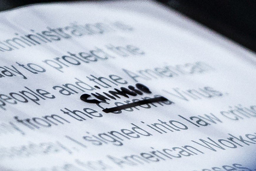 JulianCastro's tweet photo. One year ago today at a COVID-19 briefing, Trump crossed out “Corona” and wrote “Chinese virus.”

There have been more than 4,000 hate crimes against Asian Americans since, including six Asian women murdered in Atlanta. https://t.co/iXlszhDHC6