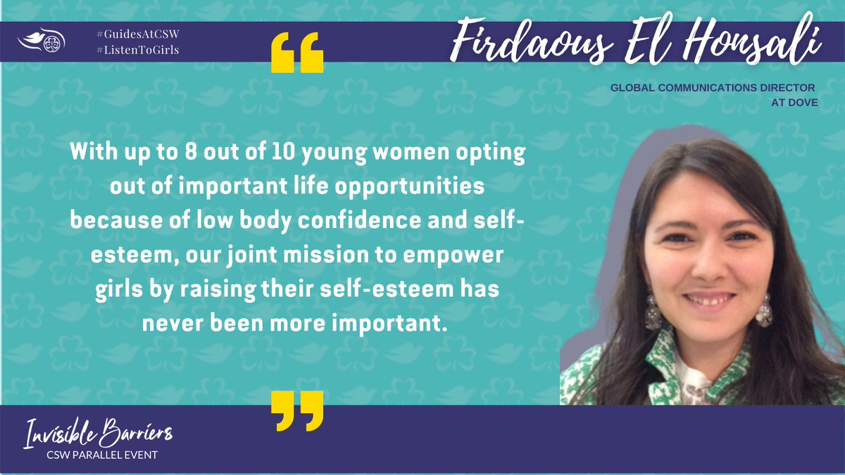 WAGGGSdelegates's tweet photo. Powerful words from the panellists! Low body confidence and self-esteem is limiting girls and young women from participating in leadership spaces. We need to break these #InvisibleBarriers β
#GuidesAtCSW #ListenToGirls #UNmuteCSW65
@CAR_UWE @delalimortty https://t.co/fD3P20xb5y