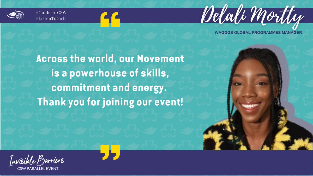 Powerful words from the panellists! Low body confidence and self-esteem is limiting girls and young women from participating in leadership spaces. We need to break these #InvisibleBarriers ✊
#GuidesAtCSW #ListenToGirls #UNmuteCSW65 
<a href="/CAR_UWE/">Appearance Research</a> <a href="/delalimortty/">Delali Mortty</a>