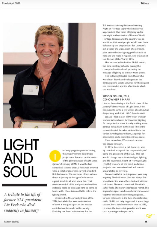 In the latest issue of SLL Light Lines, the Society pays tribute to the late Liz Peck FSLL, former President of the Society, with contributions from Liz's friends and colleagues in the #LightingComminuty - buff.ly/2OSe9Td