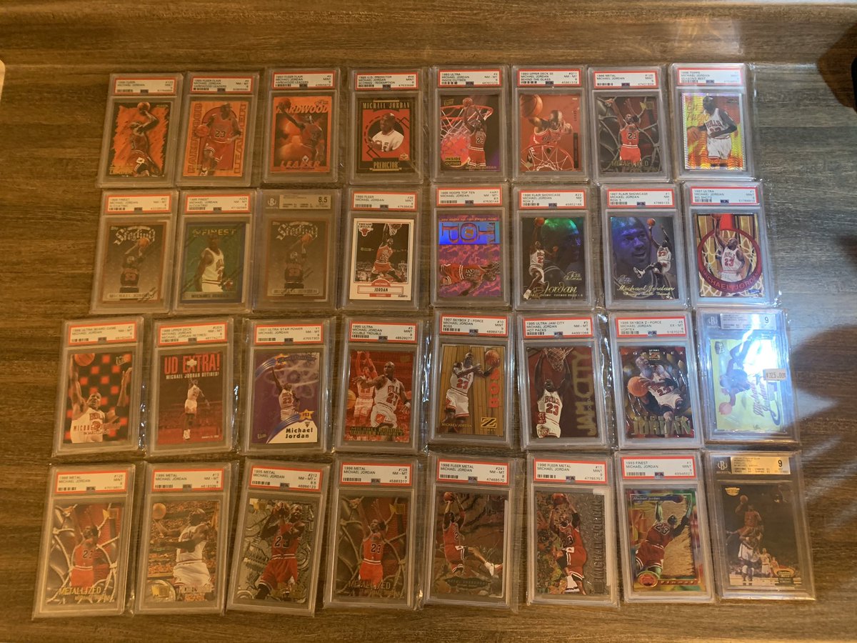 MattWalkup's tweet photo. Let me see some available graded Jordan.  Here’s what I have that’s available.  Would love to pick up a Hit List, Scoring Magnets, or Numbers Crunchers graded via trade, purchase, or both.  Hit me up if you you have one or are interested in buying some stuff. https://t.co/k0SX8IsUPH
