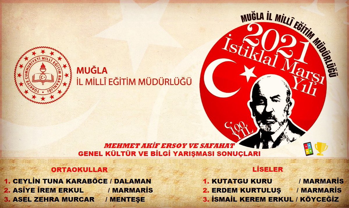 2021 #İstiklalMarşı ve #MehmetAkifErsoy Yılı etkinlikleri kapsamında ‘ortaokul ve lise’ öğrencilerimize yönelik olarak düzenlediğimiz Çevrimiçi Bilgi Yarışması sonuçları açıklandı.🏆Dereceye giren öğrencilerimizi kutluyor, katılımları için tüm öğrencilerimize teşekkür ediyoruz.👏