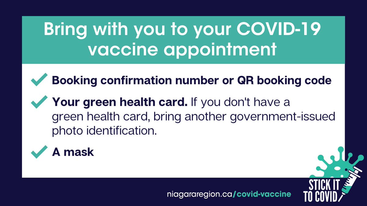 NRPublicHealth's tweet image. Do you have a COVID-19 vaccine appointment at one of our clinics?

Here's what you need to know before your appointment including when to arrive, what to bring, and what will happen at the clinic.

➡️For more info, visit niagararegion.ca/covid-vaccine

#StickItToCOVID #VaccinateNiagara
