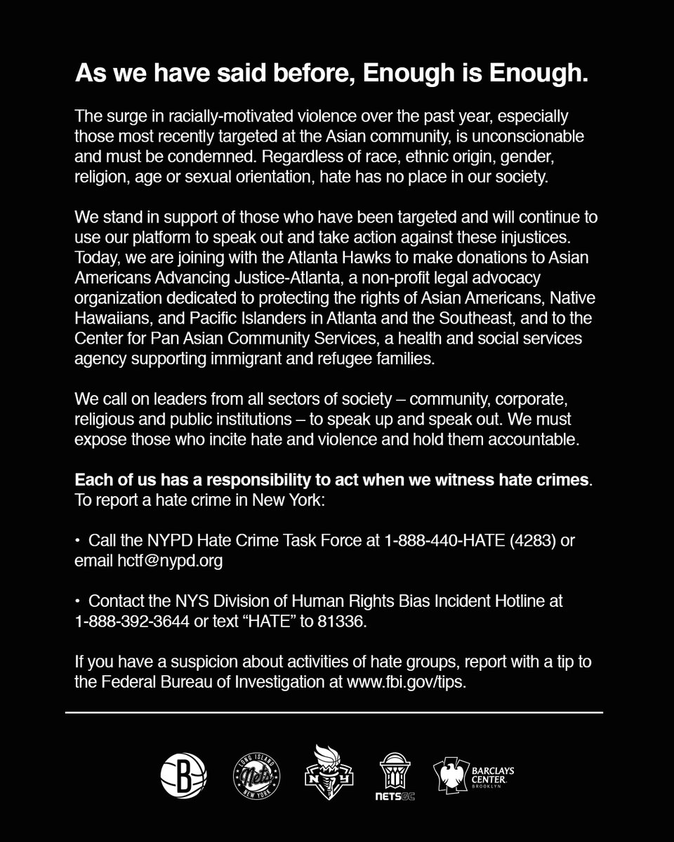 As we said last May, Enough is Enough: nba.com/nets/news/2020…

We stand in support of those who have been targeted and will continue to use our platform to speak out against racially-motivated violence and injustices.