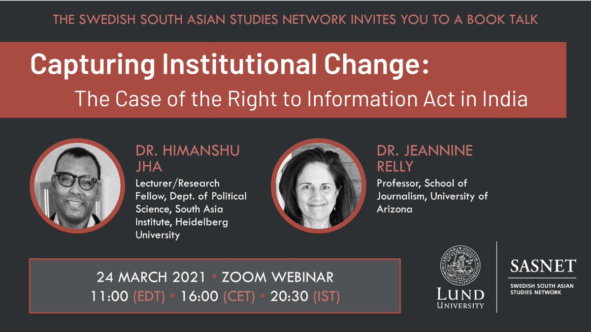 sasnetlund's tweet photo. Register now for our upcoming virtual seminar on institutional transparency and the Right to Information Act in India. @himmijha @JeannineRelly
Registration link: https://t.co/UfIScKiej0
#SASNET #lunduniversity #southasianresearch https://t.co/t8vlFFgboG