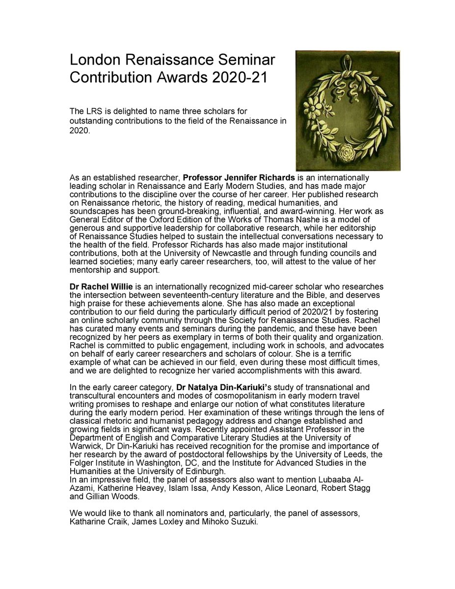 LondRenaissance's tweet photo. We are thrilled to announce the recipients of the LRS Contribution Awards 2020/21: The fabulous @JenniferRichar7, the wonderful @RachelJWillie and the brilliant @endeeekay! For more information, visit the LRS website here: https://t.co/ULBluTvNA2 https://t.co/Qvznj0N2eV