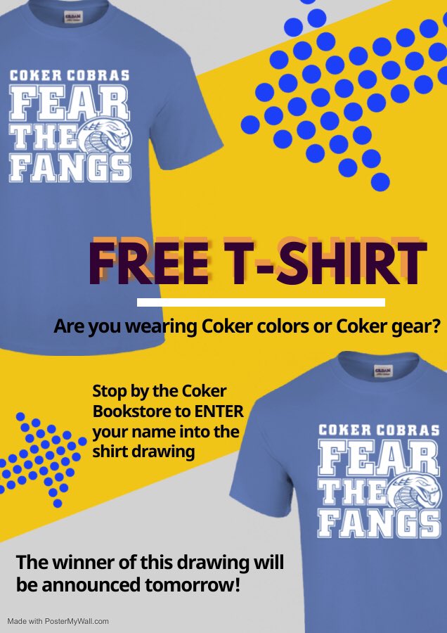 Cobras, it’s our favorite day of the week....Fang Friday!!! Stop by the bookstore today to enter for a chance to win this awesome shirt!!!👕🐍

Winner will be announced tomorrow!!

#cokeruniversitystore
 
Website: bookstore.coker.edu/Home