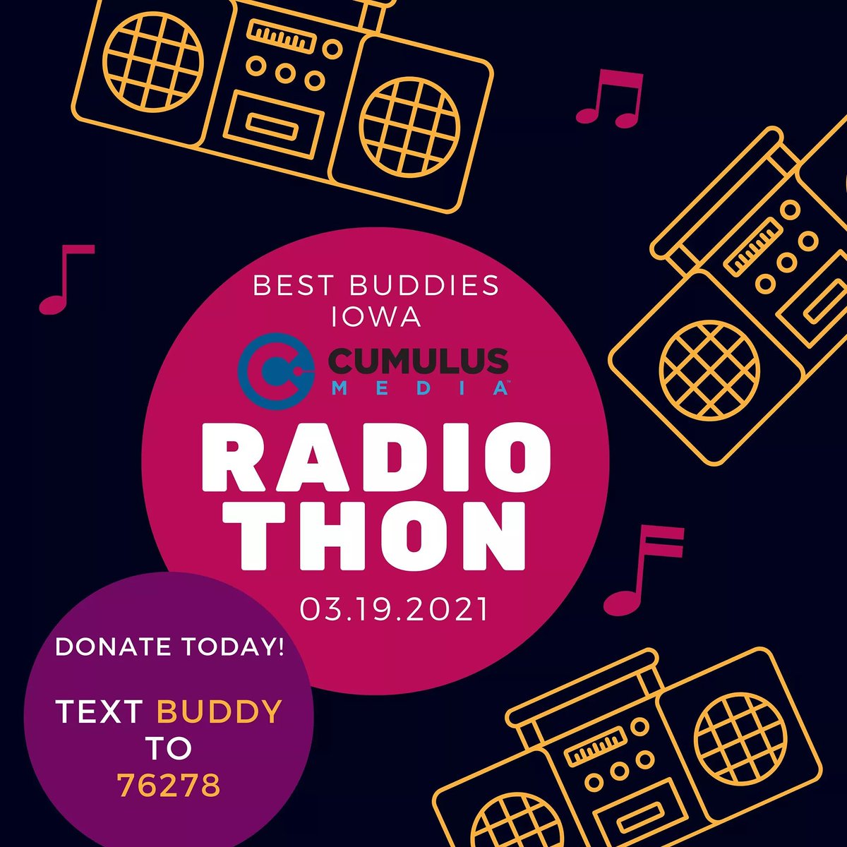 Today is the day! Tune into any of the following stations &amp; be part of our first ever RadioThon:

Nash FM 97.3
98.3 The Vibe
95 KGGO
1700 The Champ
92.5 KJJY

Listen to stories shared by our own Best Buddies Iowa members &amp; join in for this exciting opportunity!