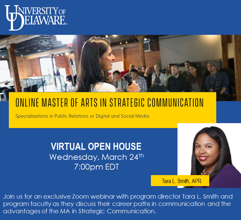 jamieffinn's tweet photo. So excited to share how I'm bringing my career experiences to the (virtual) classroom in the Strat Comm masters program @UDelaware. Interested in pursuing your graduate degree? Learn more during our virtual open house next week. Register here: https://t.co/3HRaH4Ga3b https://t.co/6Ozs9ppuvV