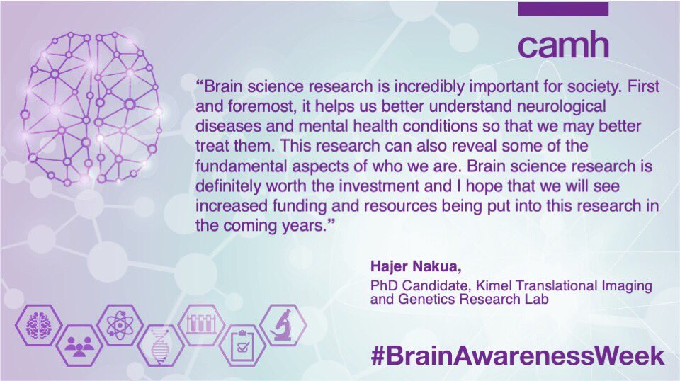 HajerNakua's tweet image. #BrainAwarenessWeek2021 As a PhD candidate, I’m hoping to see increased funding and resources being put into brain science research so that we can continue answering some of the fundamental questions about humans and health 🧠🧠
@CAMHResearch @CAMHnews