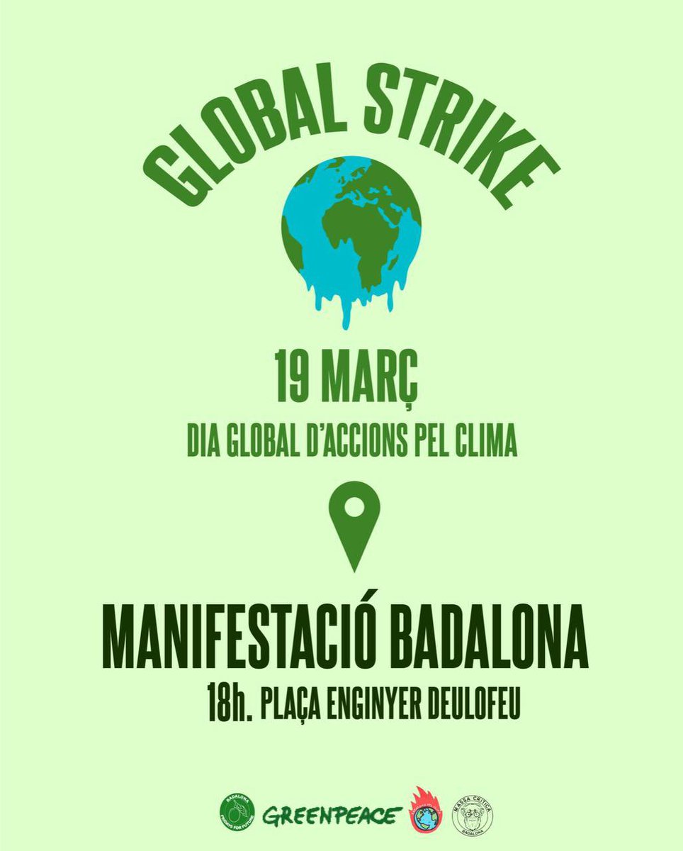 Avui #19M estarem exigint amb <a href="/Bdnpelclima/">Badalona pel clima</a> mesures reals per a fer front a l'emergència climàtica.

⏰18:00
📍Pl Enginyer Deulofeu

#NoMesPromesesBuides
#NoMoreEmptyPromises

No tenim pla (neta) B.
#CanviemElSistema