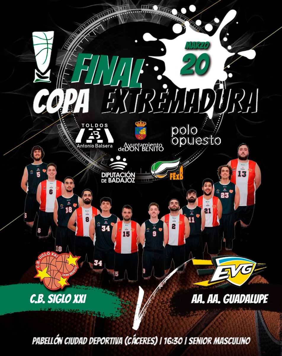 CBSigloXXI's tweet photo. ¡¡Toca fin de semana de COPA, toca BALONCESTO!! 

Primera temporada en Diputación, primera final para nuestros seniors. El sábado a las 16:30 comenzará la final de la Copa de Extremadura Diputación de Badajoz que nos enfrentará contra @EDVGuadalupe .

¡A disfrutar! 🏀⚫️⚪️ https://t.co/vTm8fbGFoz