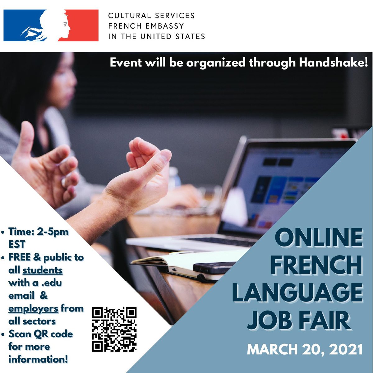 Looking for a job or internship? 👔🎓 Don't miss the FREE virtual #OnlineFrenchLanguageJobFair💻 tomorrow from 1-4pm. The event is organized in Handshake by <a href="/FrenchCulture/">French Culture</a> featuring <a href="/LSU/">LSU</a>, <a href="/AATF/">cyounger</a>, and 30+ higher ed institutions. Click here to learn more: frenchhighereducation.org/job-fairs!